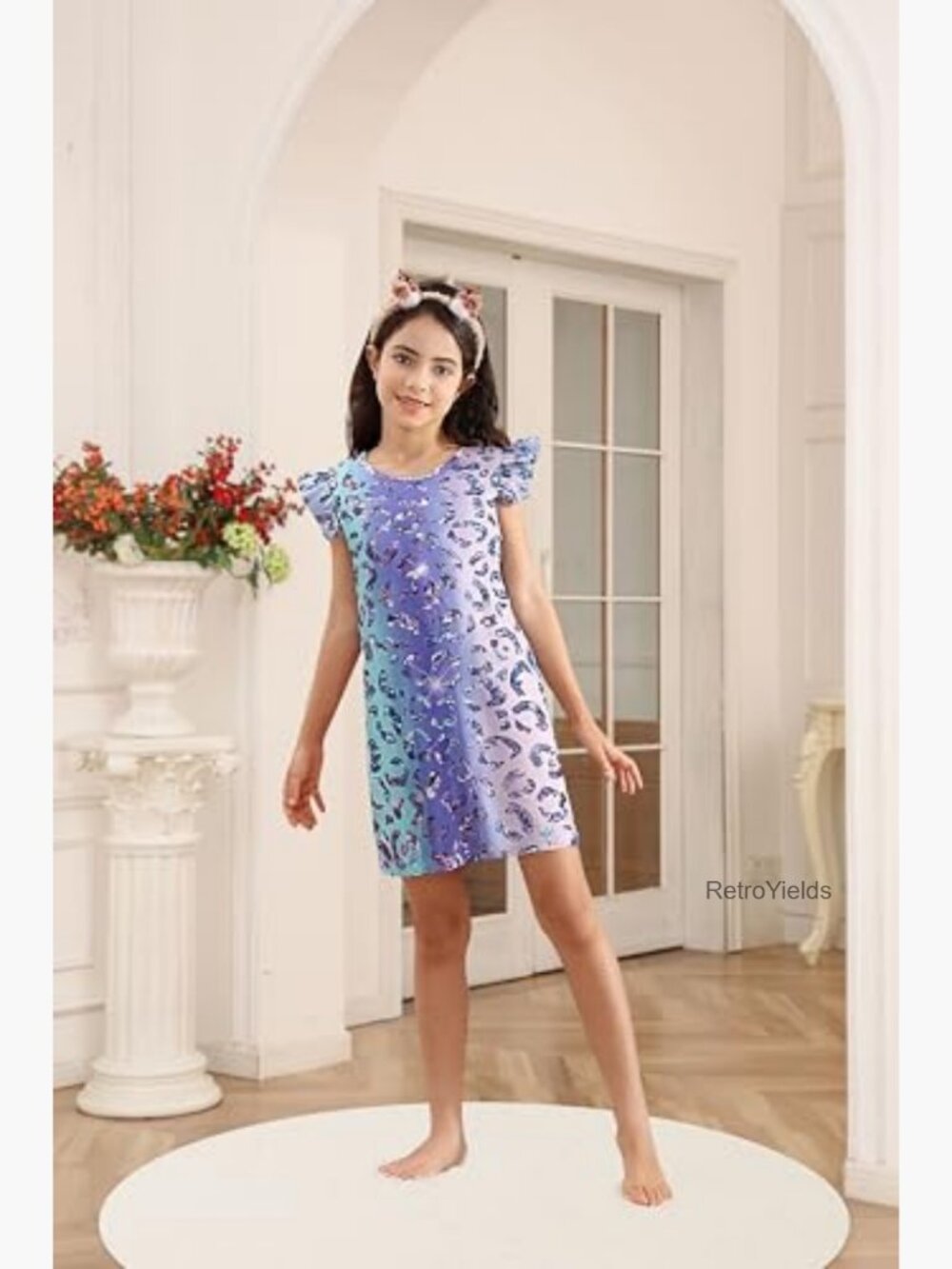 Girls Flutter Sleeve Nightgown Pajama Dress 5-12 Years - Picture 3 of 7